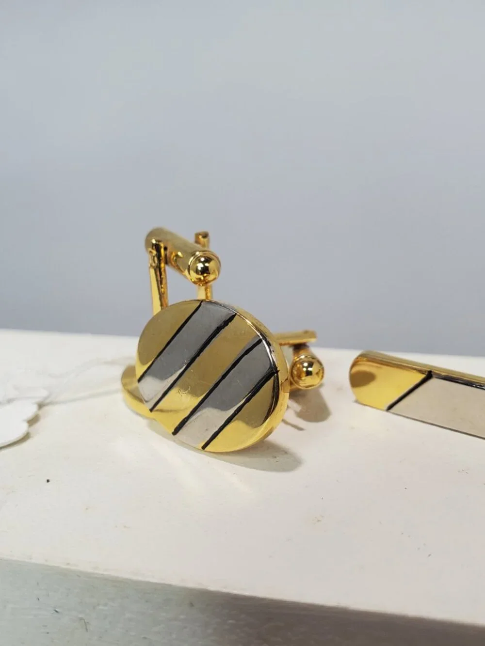 Two-Tone Gold and Silver Diagonal Striped Cufflinks & Tie Clip 3-Piece Set